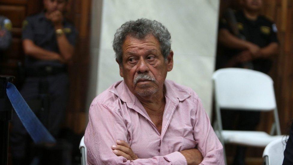 Former military commissioner Heriberto Valdez Asij listens to a Lawyer during the trial against him and a former army officer, accused of sexual violence against indigenous women during Guatemala's civil war, in Guatemala City, Thursday, Feb. 25, 2016.