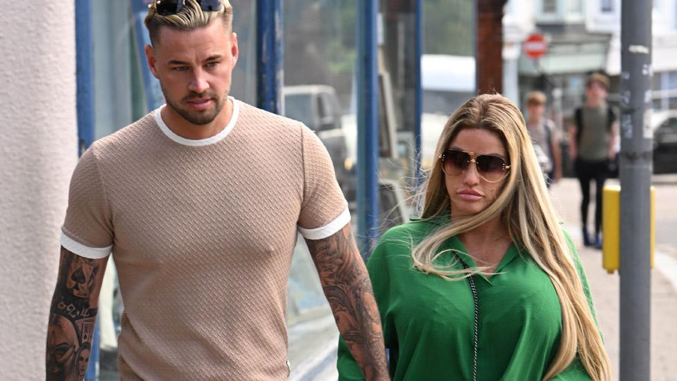 Katie Price and fiance Carl Woods arriving at court in London