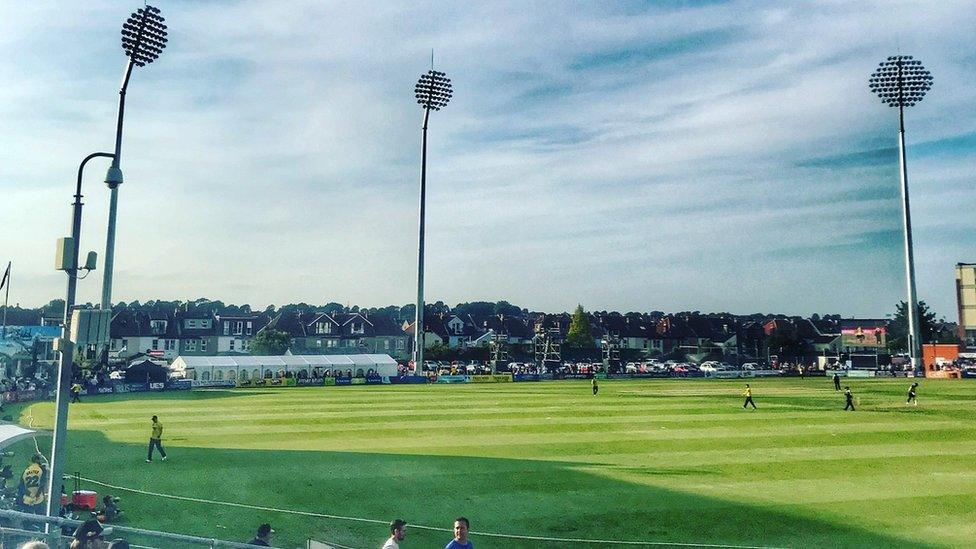 A wide shot of the County Ground cricket stadium in Bristol