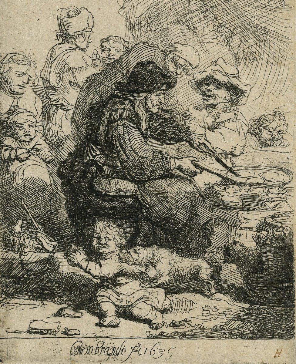 Rembrandt's The Pancake Woman. Etching on paper. 10.9 x 7.9cm