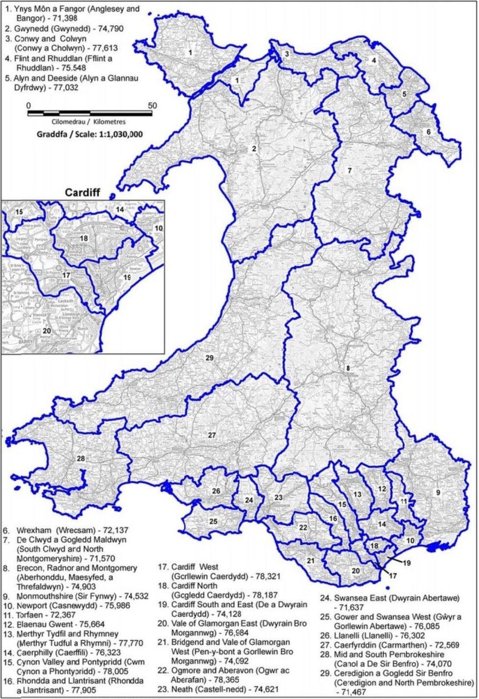 Map o gynigion diweddaraf y Comisiwn Ffiniau