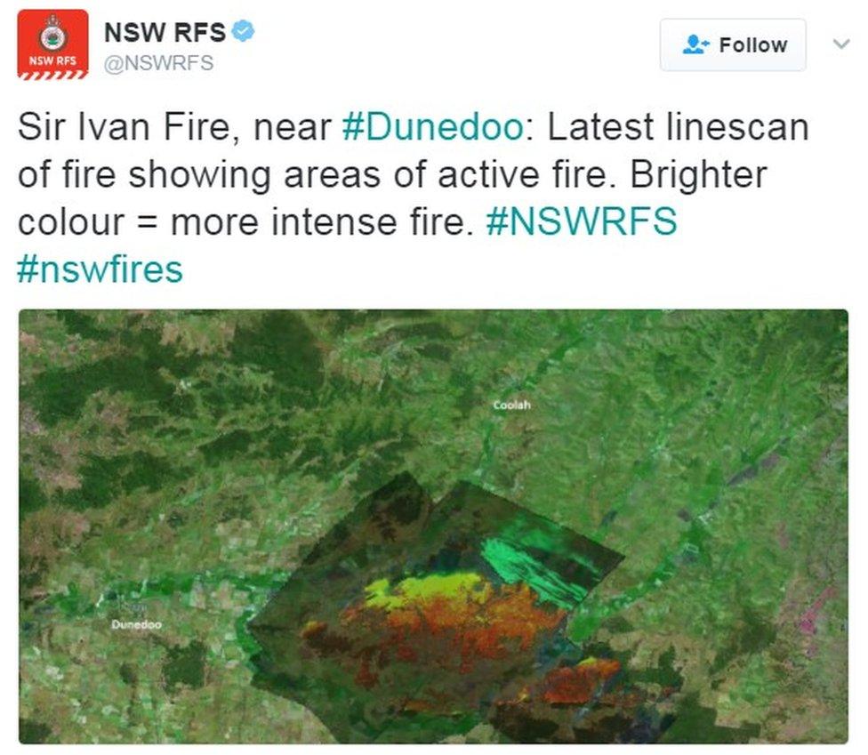 "Sir Ivan Fire, near #Dunedoo: Latest linescan of fire showing areas of active fire. Brighter colour = more intense fire. #NSWRFS #nswfires"