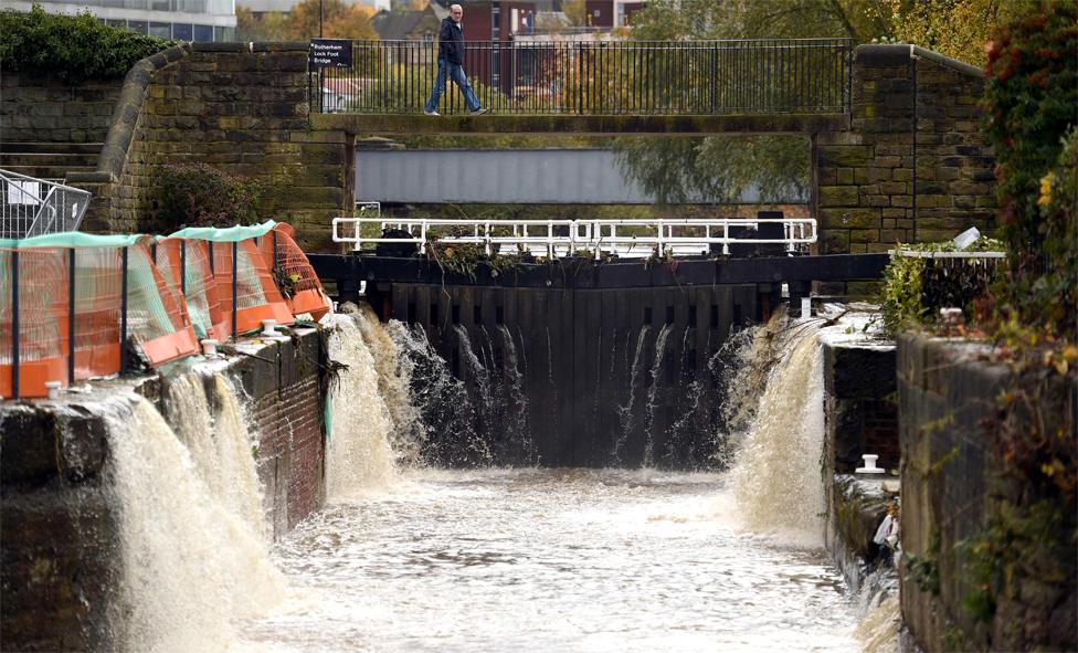 Flood water runs off into a canal