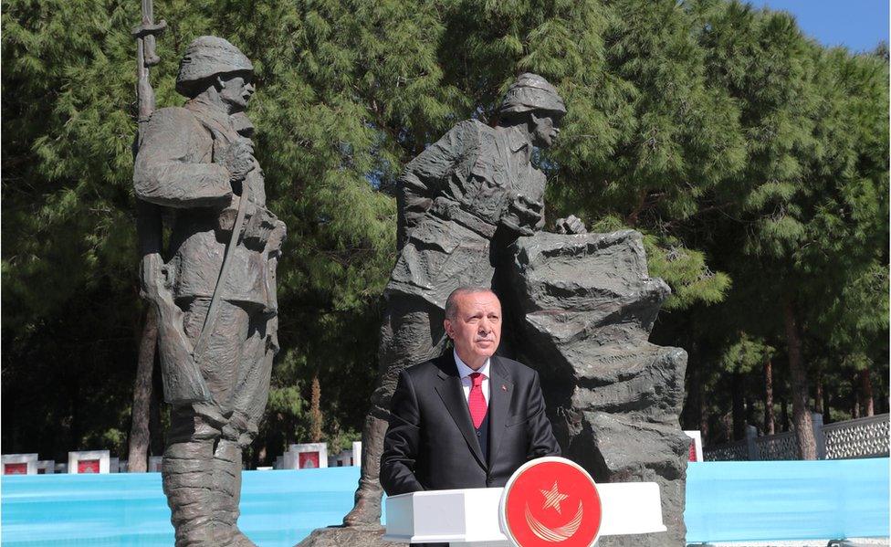 Turkish President Tayyip Erdogan speaks during a ceremony marking the 104th anniversary of Battle of Canakkale, also known as the Gallipoli Campaign, in Canakkale, Turkey March 18, 2019