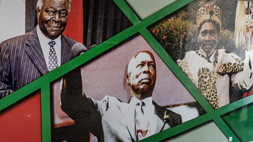 Portraits of Kenya's former presidents: Mwai Kibaki (L), Daniel arap Moi (C) and Jomo Kenyatta (R) on a wall at the Kasarani Stadium in Nairobi, Kenya - 2018