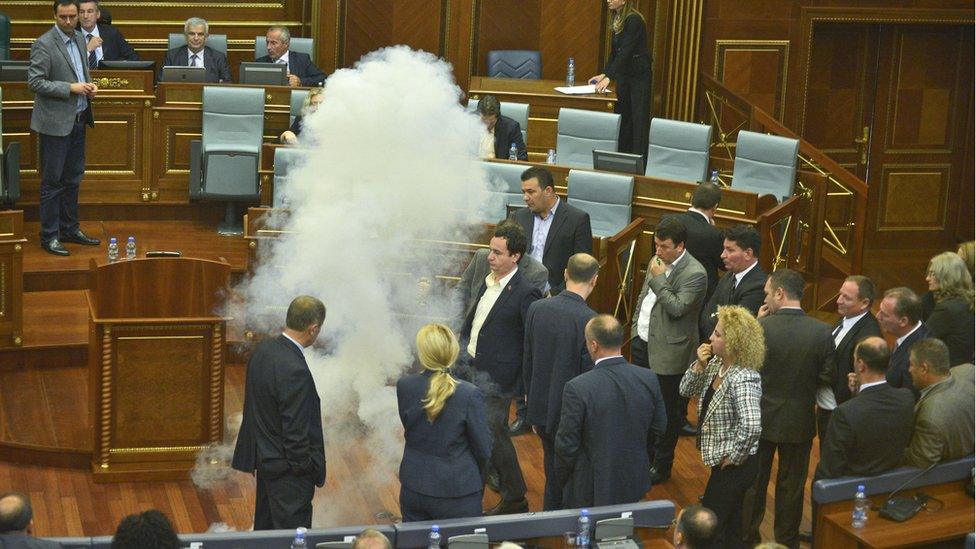 Smoke in Kosovo parliament, 8 Oct 15