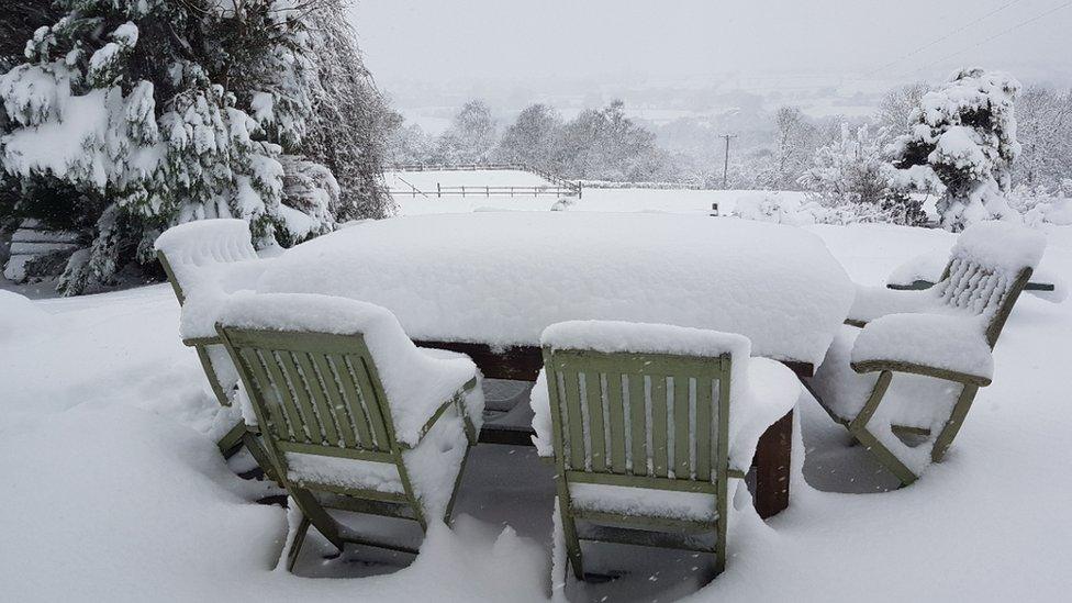 Garden furniture covered in snow