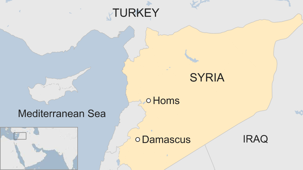 A map showing where Homs and Damascus are in Syria