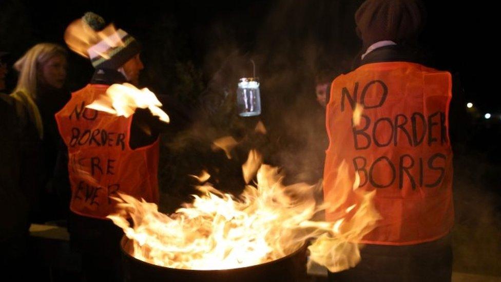 People stage an anti-No Deal Brexit protest at the Carrickcarnon border crossing between Dundalk, Republic of Ireland and Newry in Northern Ireland. Photo: 16 October 2019