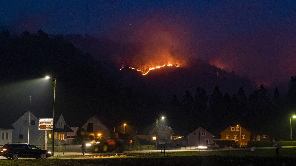 A forest fire is seen outside the village Sokndal, Norway, 23 April 2019