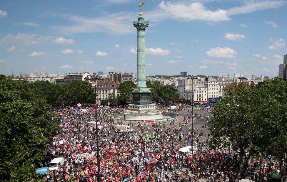 A general view shows the Place de la Bastille square as French labour unions employees attend a demonstration against plans to reform French labour laws on 23 June