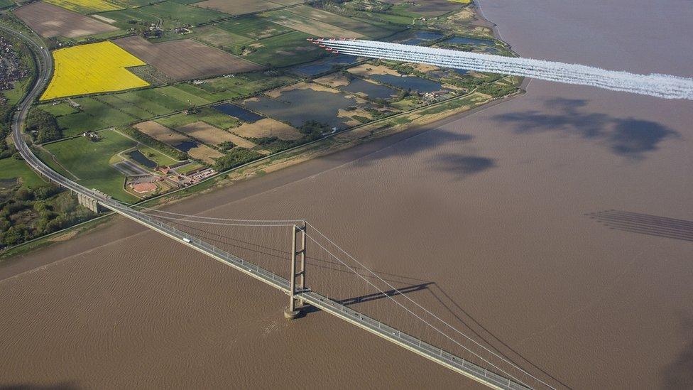 Red Arrows over Humber Bridge