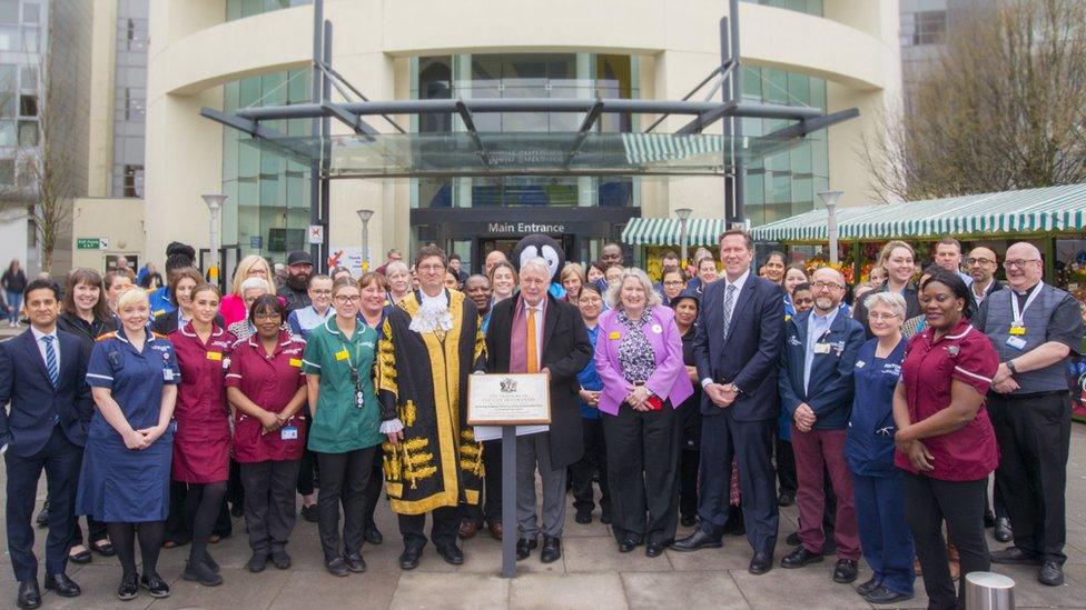 NHS staff outside University Hospital in Coventry