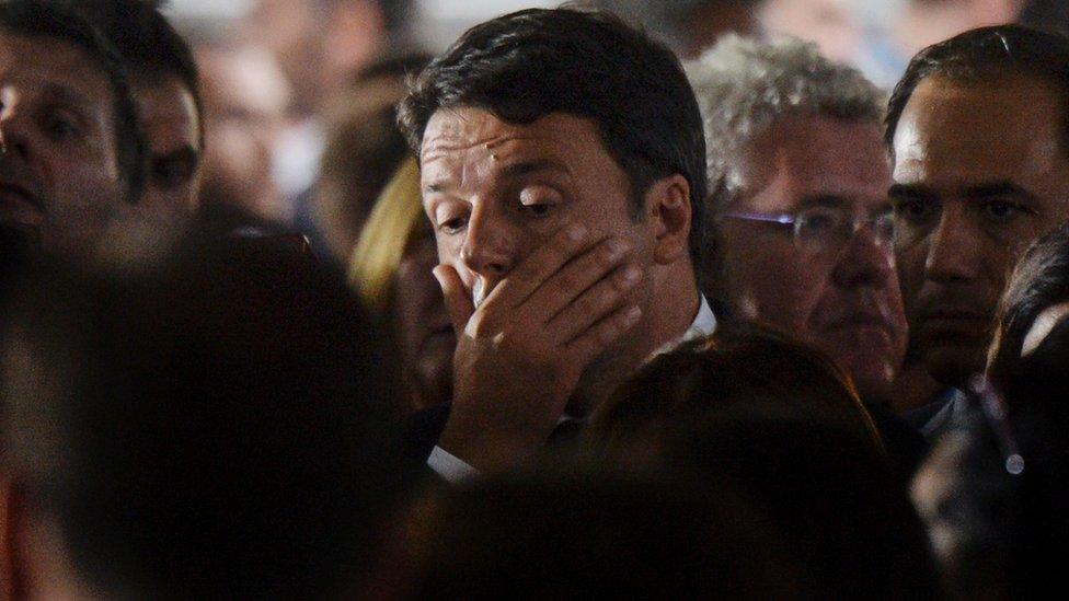 Prime Minister Matteo Renzi during a funeral service for victims of the earthquake, in a tent complex in Amatrice, on August 30, 2016.