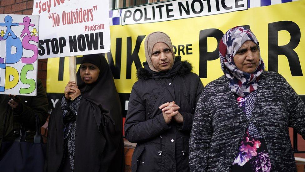 Protests outside Parkfield Community School on March 21, 2019