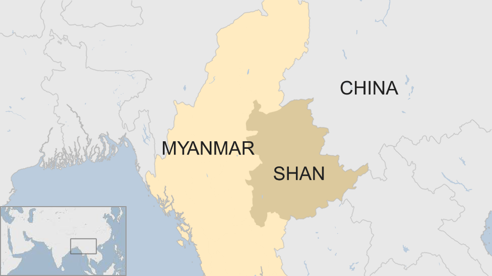 A map showing Myanmar and the state of Shan that borders China