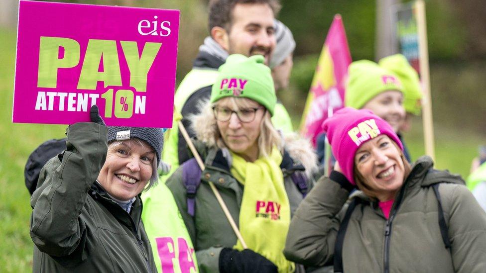 Teachers from the EIS union on the picket line outside Queen Anne High School in Dunfermline