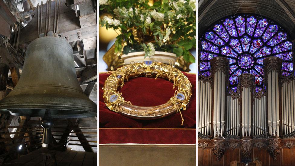 A bell, the Crown of Thorns and the organ from Notre Dame cathedral