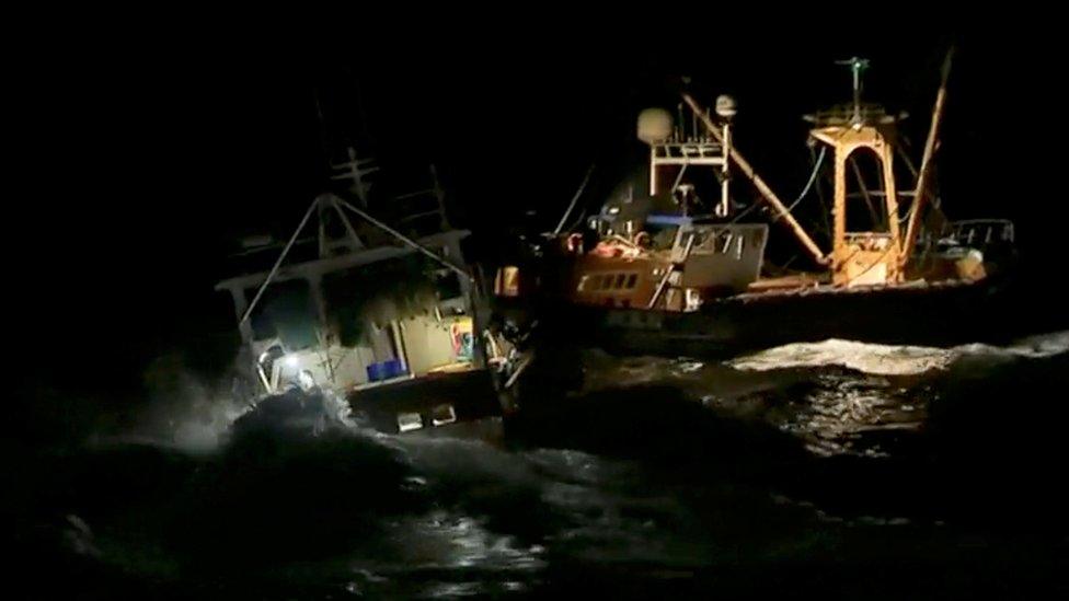 In this still image taken from a video, French and British fishing boats collide during a scrap in the Channel over scallop fishing rights, August 28, 2018