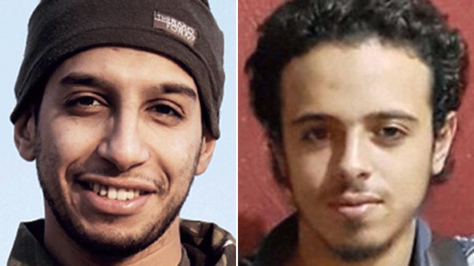 Composite image showing Abdelhamid Abaaoud and Stade de France bomber Bilal Hadfi (R)