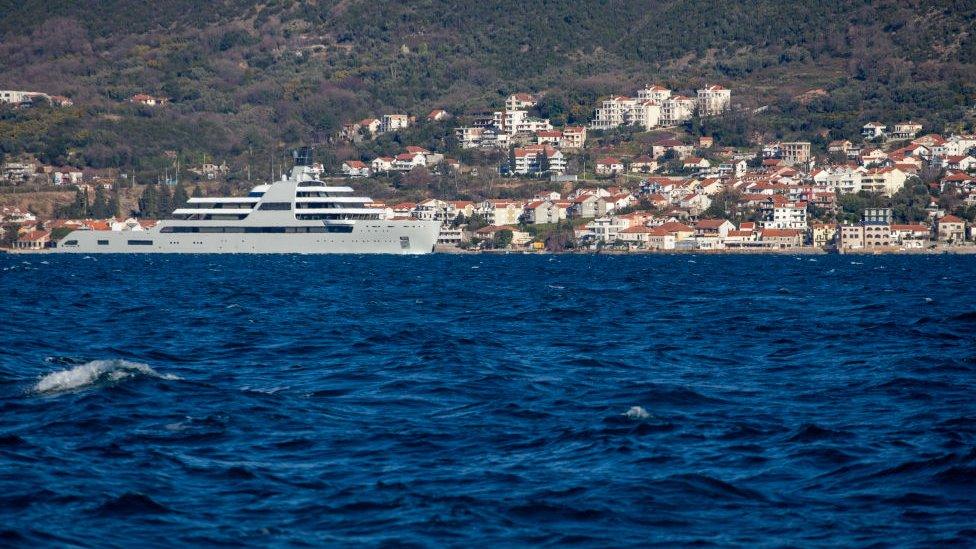 The superyacht, Solaris, owned by Roman Abramovich, arrives in the waters of Porto Montenegro