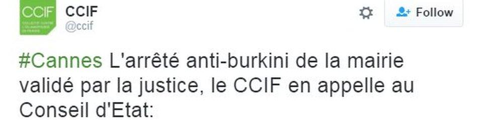 Tweet from CCIF, appealing to the Conseil d'Etat against the court decision to back the ban