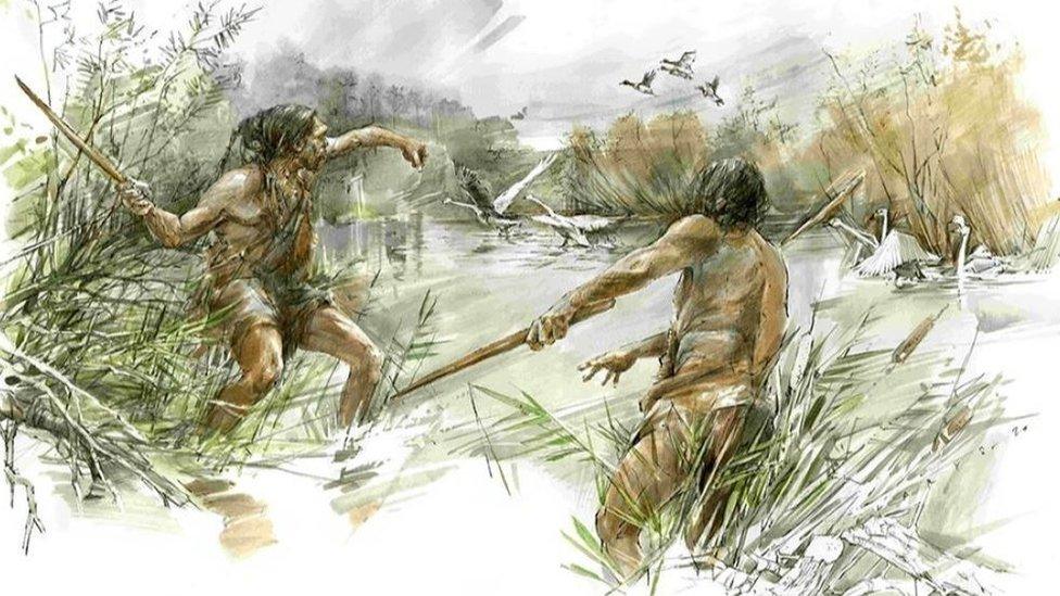 Undated handout photo issued by Universitat Tubingen of an artistic reconstruction of how the stick would have been thrown