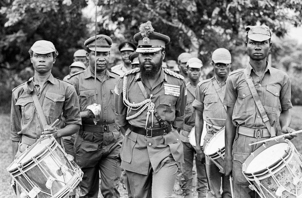 Colonel Odumegwu Ojukwu, the Military Governor of Biafra in Nigeria inspecting some of his troops, 11th June 1968.