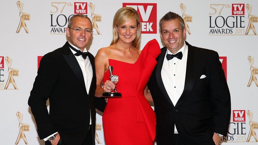 (L-R) Chris Reason and Melissa Doyle pose in the awards room after winning a Logie for Most Outstanding News Coverage at the 57th Annual Logie Awards at Crown Palladium on May 3, 2015 in Melbourne, Australia