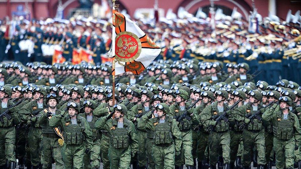 Russian soldiers march at the Red Square during the Victory Day military parade general rehearsal in Moscow on 7 May 2016