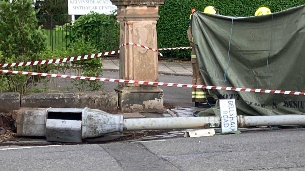 Fallen lamppost outside Kelvinside Academy