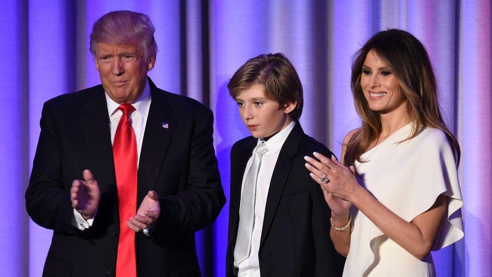 US President-elect Donald Trump arriving with his son Barron and wife Melania at the New York Hilton