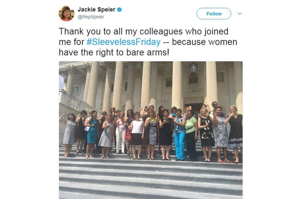 Jackie Speier's tweet: "Thank you to all my colleagues who joined me for #SleevelessFriday - because women have the right to bare arms!"