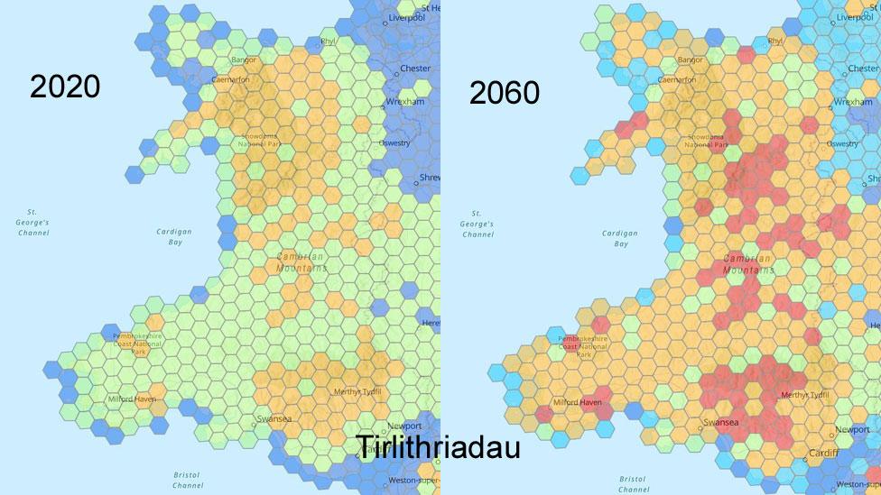 Mapiau yn dangos tirlithriadau posibl 2020 - 2060