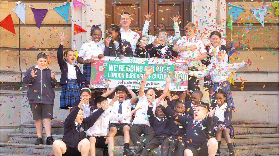 Children from St Joseph's primary school in Wandsworth and are pictured with council leader Simon Hogg and deputy leader Kemi Akinola