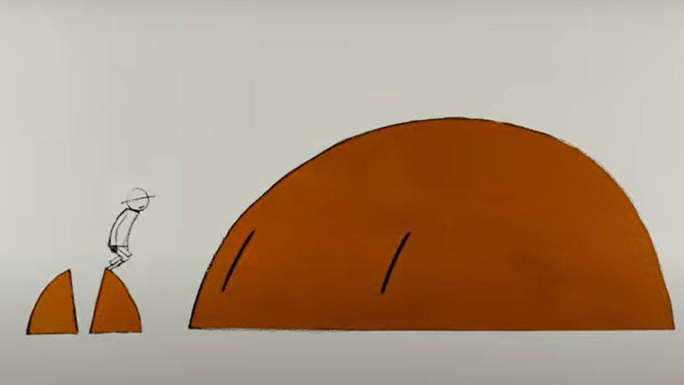 Drawing of a large orange blob, alongside a boy standing on an orange triangle