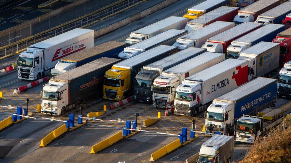 Lorries queuing in port