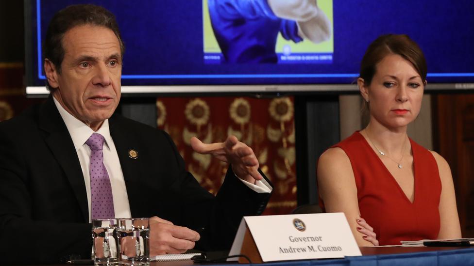 New York Governor Andrew Cuomo (L) speaks during his daily news conference with Secretary to the Governor Melissa DeRosa (R) on March 20, 2020 in New York City.