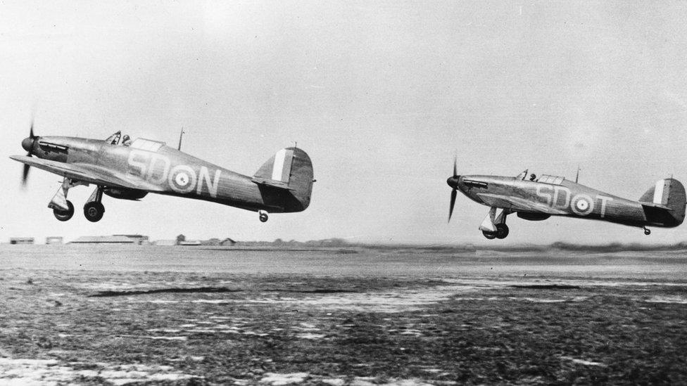 Hurricane fighter planes taking off from Gravesend, after being refuelled and rearmed, during the Battle of Britain. September 1940