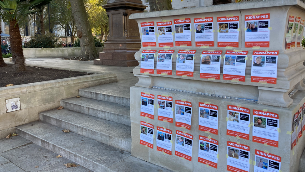 Kidnapped posters of those taken by Hamas on Parliament Square