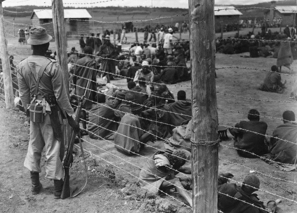 1952: Mau Mau suspects in a prison camp in Kenya. The Mau Mau Uprising (1952–1960), also known as the Mau Mau Rebellion, the Kenya Emergency, and the Mau Mau Revolt, was a war in the British Kenya Colony (1920–1963) between the Kenya Land and Freedom Army (KLFA), also known as Mau Mau, and the British colonists.