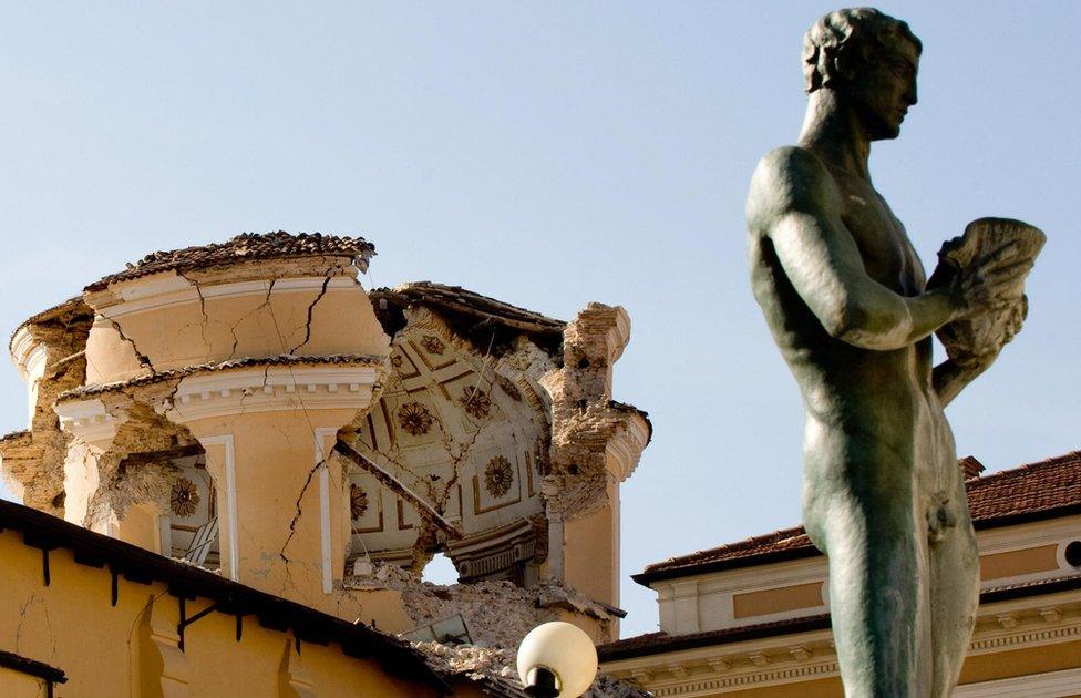 The damaged Cathedral in the centre of L'Aquila after the 2009 earthquake