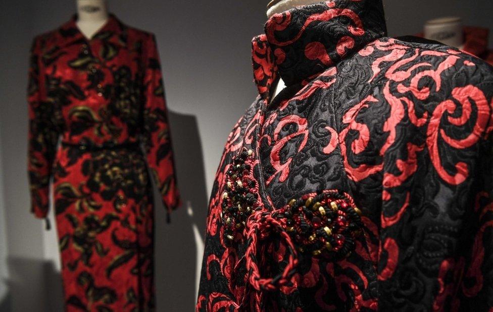 A detailed black and red Yves Saint Laurent dress