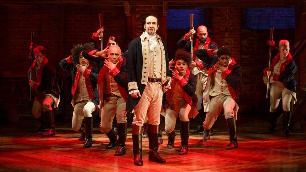 Lin-Manuel Miranda (centre) performs in the musical "Hamilton" in New York on 12 June