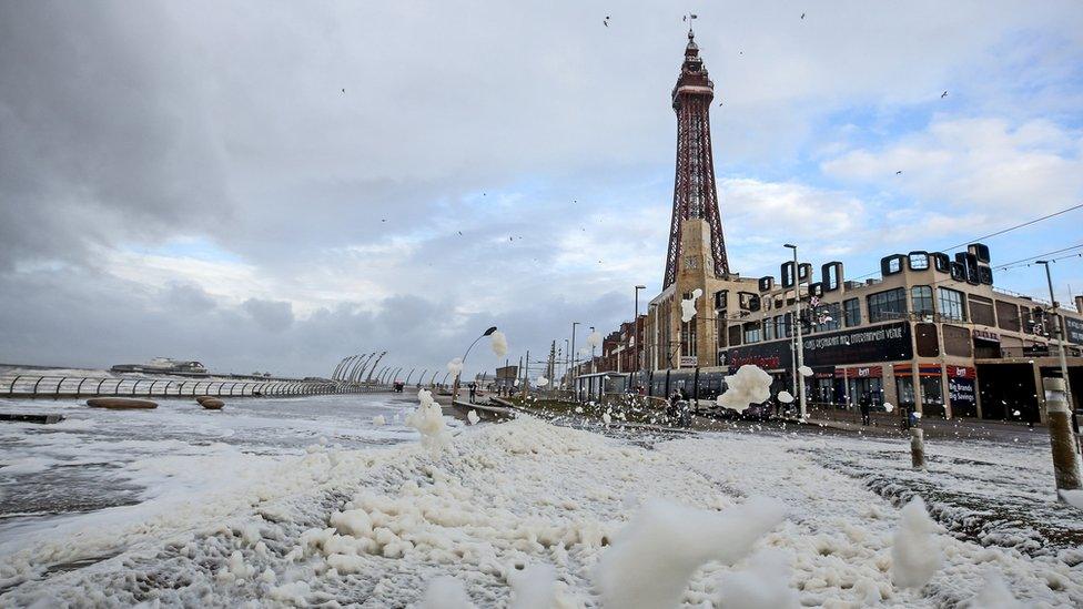 Sea foam in Blackpool, after Storm Eleanor