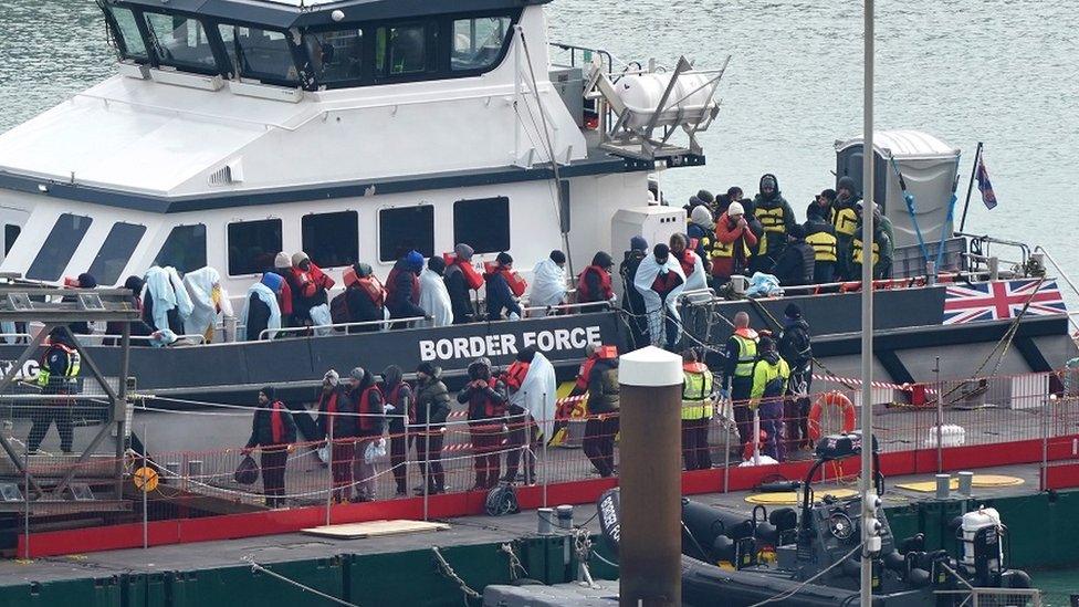 A group of people thought to be migrants are brought in to Dover, Kent, onboard a Border Force vessel