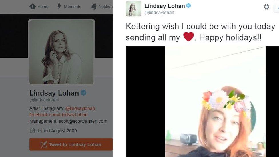 Lindsay Lohan's profile on Twitter showing a still from her video to the people of Kettering.