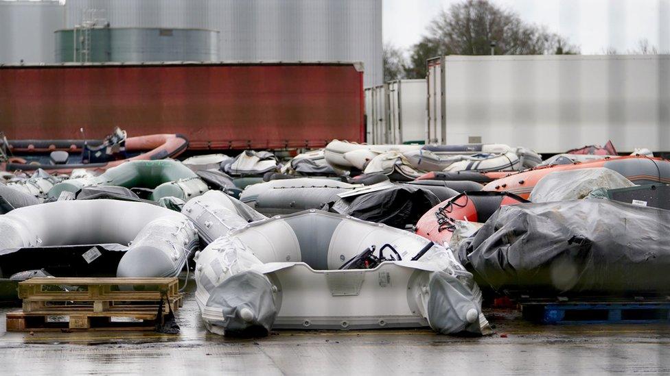 Dinghies used in crossings stored in the UK Border Force facility at Dover docks