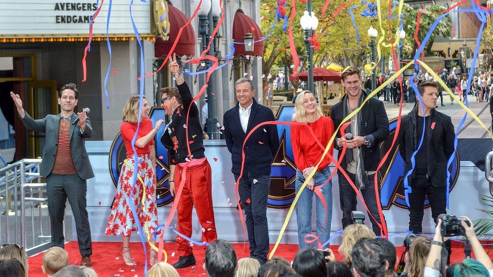 Iger (centre) with the cast of Avengers: Endgame at Disneyland in California