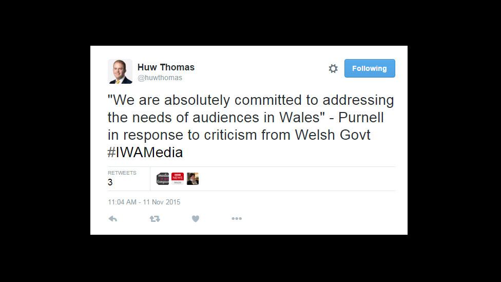 Huw Thomas tweets: "We are absolutely committed to addressing the needs of audiences in Wales" - Purnell in response to criticism from Welsh Govt #IWAMedia"